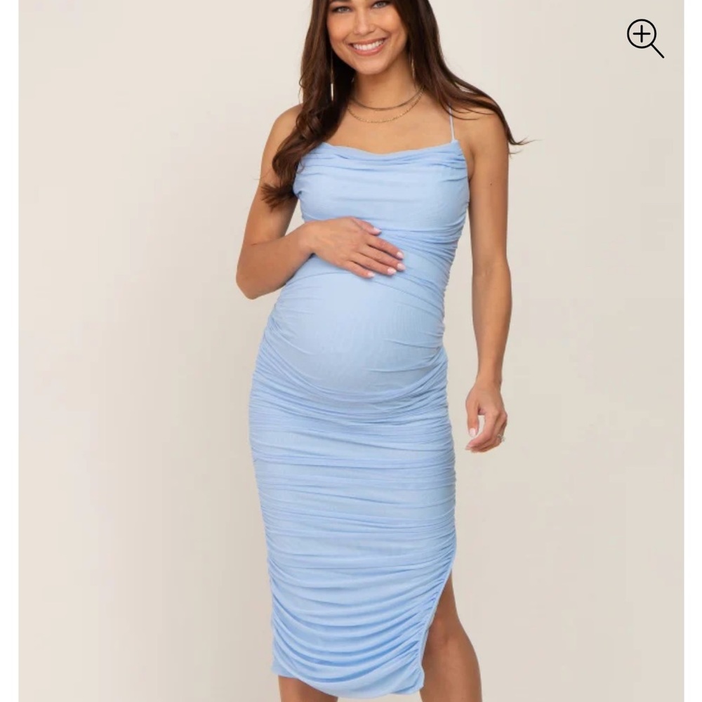 Light Blue Mesh Ruched Cross Back Side Slit Maternity Midi Dress